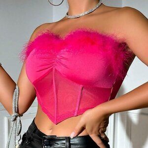 Women's fuzzy trim ruched bustier corset